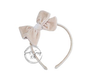 Champagne Velvet Bow Headband, Toddler Girls Hair Accessory, Hard Headband