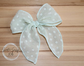 Chiffon Swiss Dot, Fable Hair Bow, 5 inch wide, Flower Girl Bow, Spring Hair Bow, Wedding Hair Bow, Light Sage Bow, Serged Bow, Fall