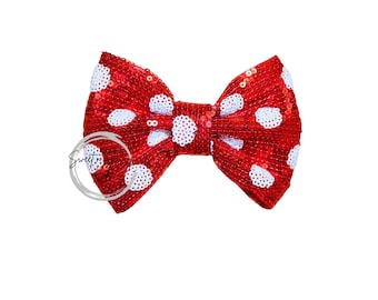 Polka Dot Sequin Hair Bow, 5 inch bow, Mouse Inspired, Red and White
