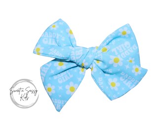 Daddy's Girl Hair Bow, Girls Hair Bow, Nylon Headband, Fabric Hair Bow, 4.5 inch bow, Daddy's Girl Headband, Pinwheel Bow, Girly Bow, Blue