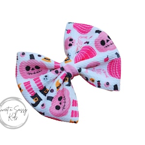 Pink Pumpkin Bow, 4 or 5 Inch Bow, Bullet Bow, Headband, Witch Bow, Skeleton Headband, Pink Halloween Hair Bow, Halloween Headband, Spooky