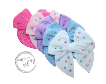 Pearl Hair Bow, Velvet Bow, Easter Hair Bow, 4.5 inch bow, Girls Bow, Blue Bow, Fable Bow, Pearl Bow, Pigtail Bow, Piggies, Dressy Hair Bow