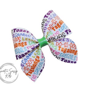 Cookie Names Bow, 3.5 inch bow,  Fable Bow, Faux Leather, Baby Headband, Cookie Hair Bow, Scouts Hair Bow, Hair Clip, Headband, Pigtails
