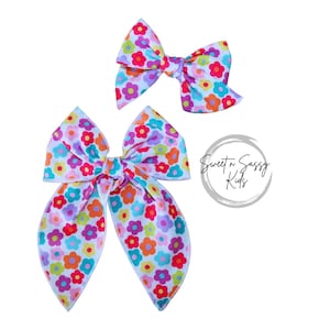 Rainbow Floral Fabric Bow, 2 sizes, Bow with Tails, Flowers Hair Clip