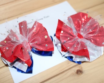 Holographic Shredded Pigtail Bows, 4" wide, Red White Blue, July 4th Bow, Girls Fabric Bow, Baby Headband