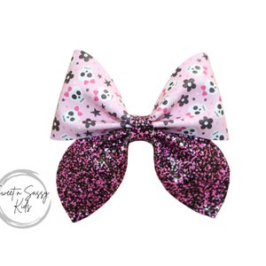 Skull Hair Bow, 4 inch bow, Faux Leather Bow, Halloween Bow, Skull Headband, Pink Black Glitter Bow, Girly Skull Hair Bow, Halloween Sailor