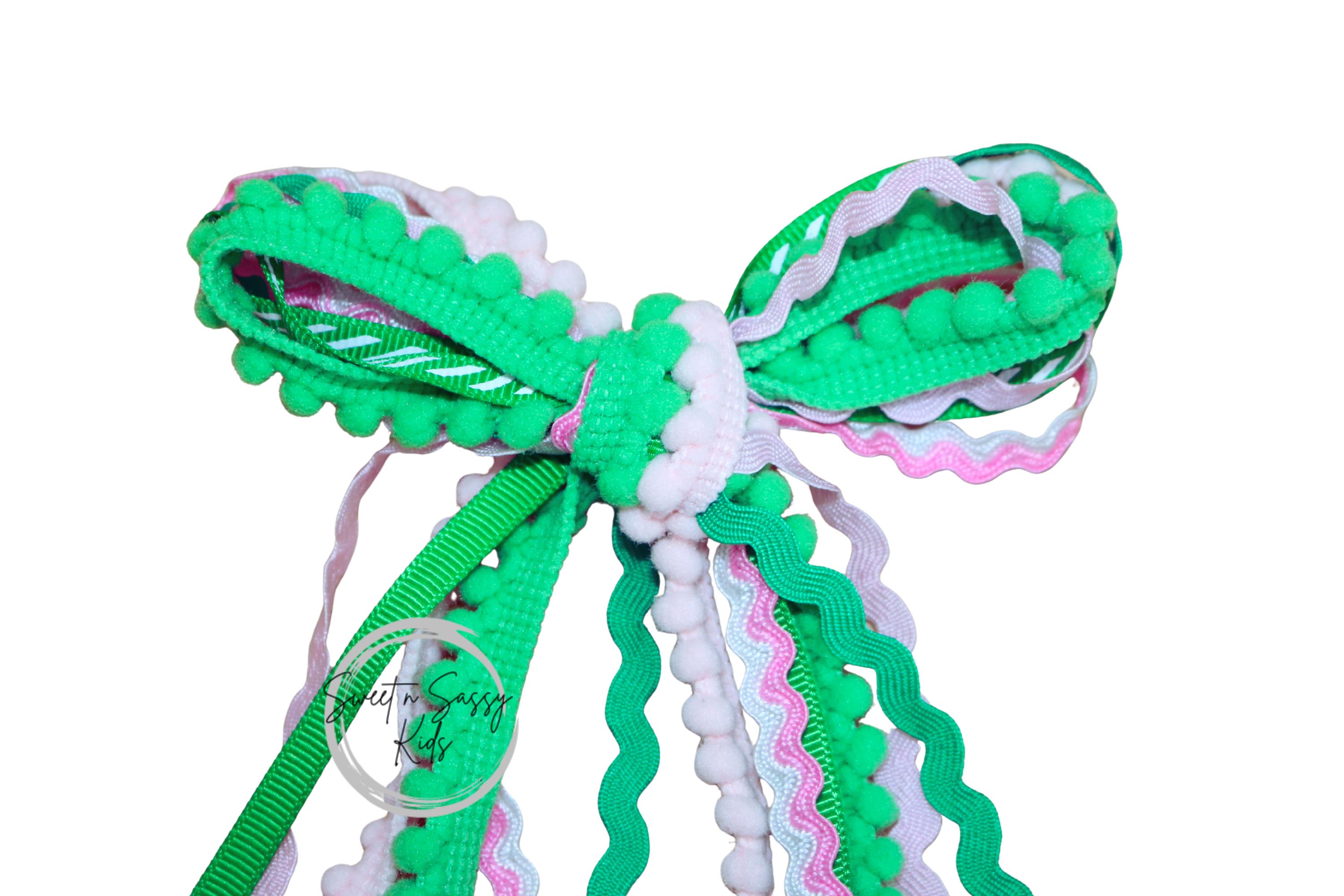 Green and Pink Messy Hair Bow, Funky Ribbon Long Tail, Ric Rac - Etsy