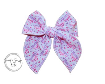 Mommy's Girl Fable Bow, 5 Inch wide, Serged Bow, Mother's Day Bow, Girls Hair Clip, Pink and Purple Bow, Hearts, Toddler Girls Bow