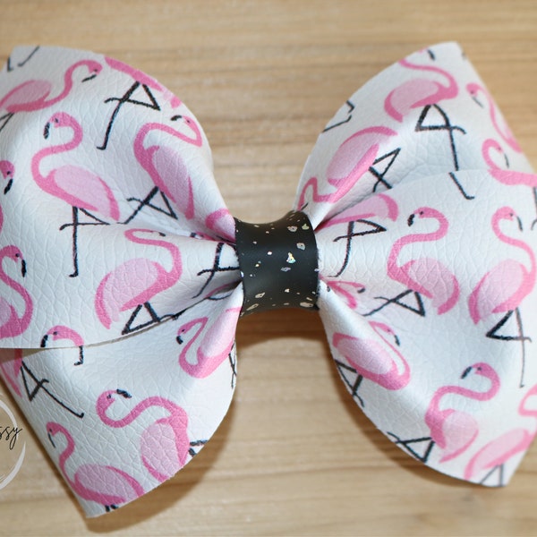 Flamingo Bow, 5" Faux Leather bow, Girls Hair Clip, Big Bow, Baby Headband, Bow Headband, Boutique Bow, Luau Party Bow, Flamingo Headband