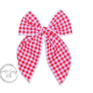 Red Gingham Hair Bow, July 4th Bow, 5.5 inch bow, Girls Big Bow, Red and White Bow, Memorial Day, Independence Day, American, Fourth of July