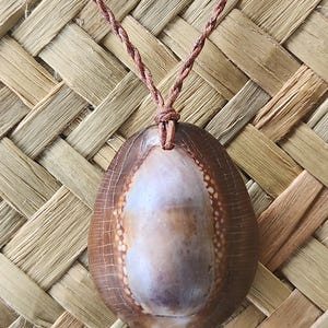 May include: A pendant necklace featuring a large, oval-shaped seashell with a brown and white color scheme. The shell is suspended from a brown cord, and the background is a woven, light brown material.