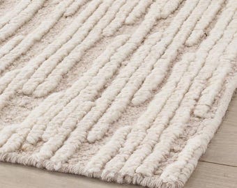 Hand Knotted NZ Wool Rug, Ivory Geometric Textured Carpet, Modern Minimalist Living Room Decor