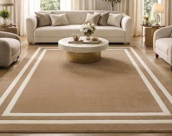 Handtufted Beige Area Rug, Modern Border Carpet, Neutral Minimalist Rug, Luxury Living Room & Dining Room Rug, Custom Size Rug