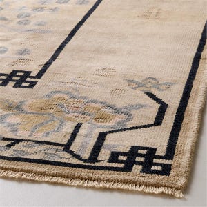 May include: Beige area rug with a geometric design. The rug features a central floral pattern in shades of beige, blue, and gold, framed by a black border with geometric shapes. The rug has a fringe along one edge.