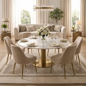 May include: A round dining table with a white marble top and a cylindrical gold metal base, surrounded by six upholstered beige chairs. The table is set with white plates, clear glassware, and gold cutlery, featuring a central bouquet of white flowers.