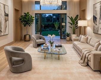 Handloom Tencel Silk Rug, Tip Sheared Neutral Beige Carpet, Modern Minimalist Luxury Home