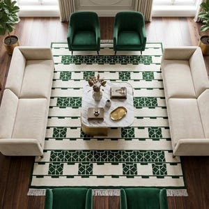 Hand Knotted New Zealand Wool Rug Set, Geometric Tribal Pattern Rug Green Ivory & Rust Black Area Rug Modern Handmade Carpet Living Room Rug