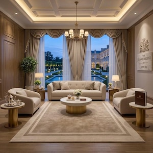 May include: A living room set featuring a beige sofa, two matching armchairs, and a round marble coffee table with a gold base. Three small round side tables with gold bases, a large area rug, and a chandelier are present. A sign reads The Grand Regent Suite 402.