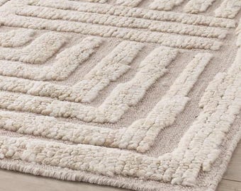 Hand Knotted Wool Rug, Ivory Textured Rug, Neutral Geometric Area Rug, High Low Carpet, Modern Minimalist Rug, Living Room Bedroom