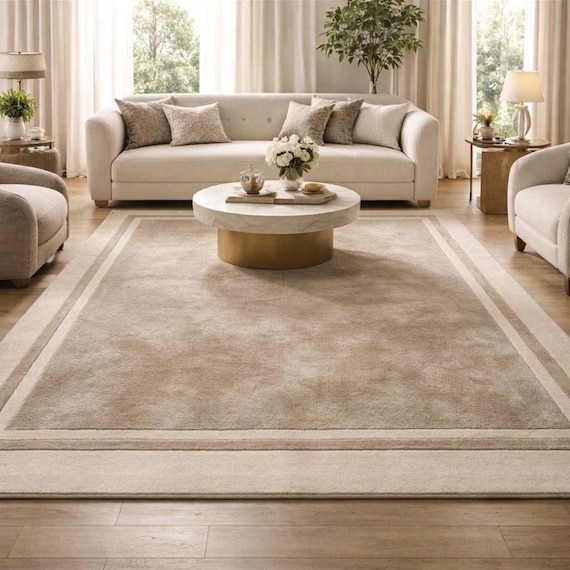 Handtufted Beige Area Rug, Modern Border Carpet, Neutral Minimalist Rug, Luxury Living Room & Dining Room Rug, Custom Size Rug