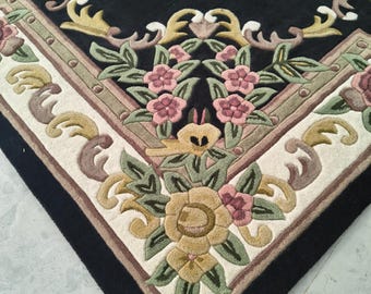 Handtufted aubusson wool rug black & red Floral Area Rug, Soft Thick Pile Living Room, bedroom decor, luxury wool rug, handmade carpet