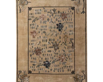 Hand Knotted New Zealand Wool Rug, Vintage Oriental Area Rug, Floral Beige Neutral Carpet, Handmade Persian Style Rug, Living Room Rug