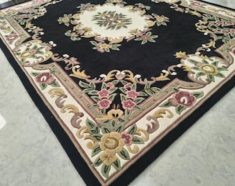 Hand tufted aubusson wool rug black Floral Area Rug, Soft Thick Pile Living Room, bedroom decor