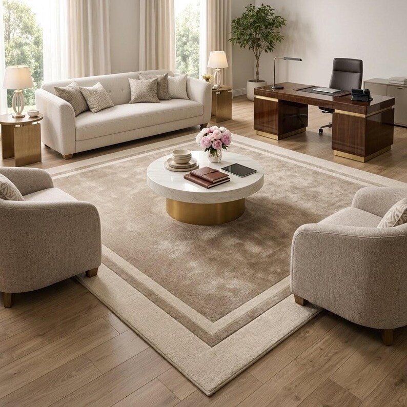 May include: A living room set featuring a cream-colored sofa and two matching armchairs arranged around a round white marble coffee table with a gold base. A dark wood executive desk with a black chair and a large area rug complete the space.