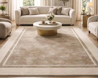 Handtufted Beige Area Rug, Modern Border Carpet, Neutral Minimalist Rug, Luxury Living Room & Dining Room Rug, Custom Size Rug