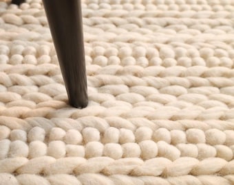 Hand Woven Wool Rug, Chunky Textured Area Rug, Cream Pebble Loop Carpet, Neutral Cozy Modern Scandinavian Living Room Decor Rug