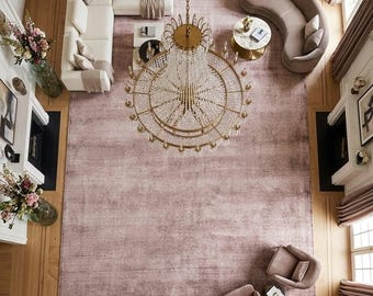 Handloom Tencel Silk Rug, Tip Sheared Blush Pink Modern Area Carpet