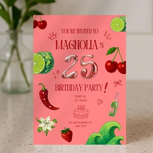 Modèle d'invitation d'anniversaire modifiable pour femme, invitation à une fête disco aux fruits d'été, invitation brillante, imprimable, téléchargement numérique, invitation au piment