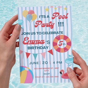 Birthday Invitation Pool Party Editable Canva Template Card for Kids Blue Summer Theme Printable Invite for Girl's Birthday Bash