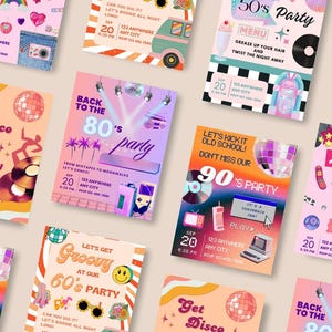 Può includere: Una collezione di inviti per feste a tema retrò. Ogni invito presenta un decennio diverso, tra cui gli anni '50, '60, '70, '80, '90 e 2000. I design includono sfere da discoteca, grafica vintage e dettagli dell'evento.