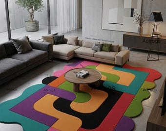 Alfombra moderna abstracta ondulada: área geométrica irregular y colorida, alfombra vibrante tejida a mano, decoración de arte moderno para la sala de estar.
