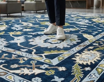 Hand Knotted Oushak Wool Rug Navy Blue & Sage Green Floral Oriental Rug  Traditional Persian Style Floor Decor Premium Hand Woven Woolen Rug