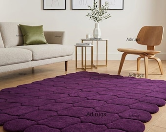 Handmade Purple Pebble Rug, Irregular Shaped 3D Tufted Area Rug, Modern Abstract Deep Violet Cloud Carpet Unique Texture Soft Wool Floor Mat