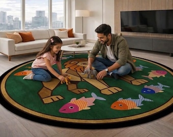 Alfombra redonda infantil de leones y amigos marinos - Decoración verde de safari para guardería - Área de juegos lavable para niños pequeños - Alfombra para dormitorio infantil con temática de animales