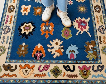 Handmade Blue Area - Hand Knotted Wool Rug for Bedroom, Living Room Modern Tibetan Rug - Colorful Floral Boho Decor Rug Artisan Crafted Rug