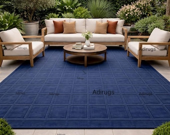 Navy Blue Area Rug | Geometric Grid Tufted Rug | Modern Minimalist Living Room Carpet | Textured Solid Blue Rug| Custom Hand Tufted Wool Rug