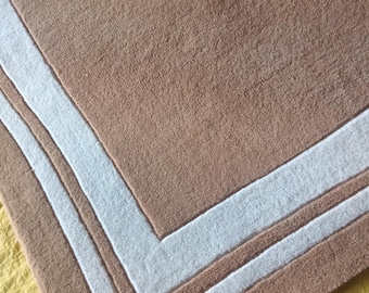 Minimalist Neutral Area Rug with White Double Border, Camel Tan Modern Organic Home Decor, Scandi Wool Style Carpet for Living Room Bedroom
