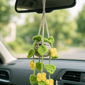 Crochet Flower Plant Car Hanging – Handmade Rearview Mirror Charm – Cute Boho Car Accessory – Gift for Plant & Flower Lovers