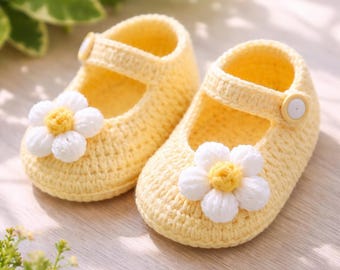 Zapatos de bebé Mary Jane de ganchillo con margaritas / Botines de hilo suave hechos a mano