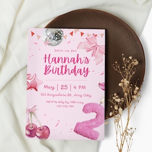 Girls Birthday Invitation Editable, Pink Disco Coquette Party Invite, Groovy Two Sweet Theme, Canva Template Digital, Birthday Party Evite