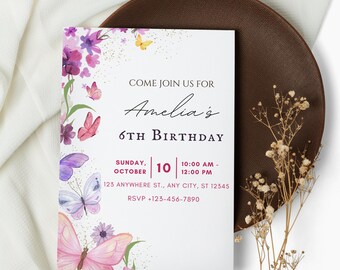 Invitación de cumpleaños de mariposa, invitación para sexto cumpleaños, diseño floral de acuarela púrpura, plantilla digital editable, fiesta de mariposas rosas