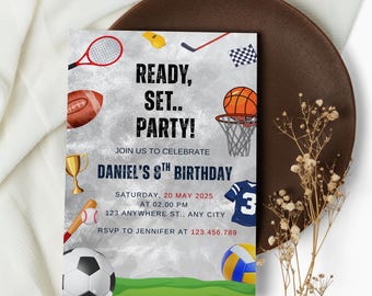 Sports Birthday Invitation Editable, All Star Party Invite for Boy, Game Day Theme, 8th Birthday, Multi Sport Canva Template, All Star Theme