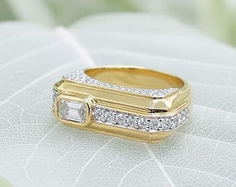 Men’s Emerald Cut Diamond Ring | Dual Tone Gold Wide Band Ring | Statement Lab-Grown Diamond Ring for Him | Luxury Geometric Ring