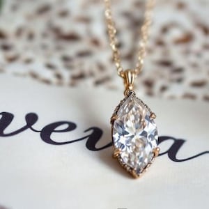 Marquise Moissanite Pendant Necklace in Solid Gold, Dainty Solitaire Teardrop Necklace, Vintage Inspired Gift for Her | Anniversary Gift