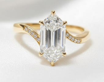 2.5 Carat Hexagon Moissanite Ring, Unique Bypass Dutch Marquise Style Engagement Ring, Yellow Gold Moissanite Ring