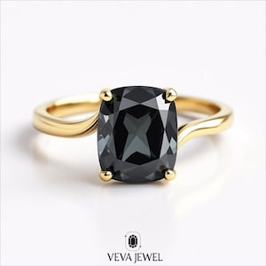 2.5 Carat Dark Grey Cushion Moissanite Ring | Vintage Bypass Engagement Ring | Unique Gold Band Ring |  Gift for Her | Black Moissanite Ring
